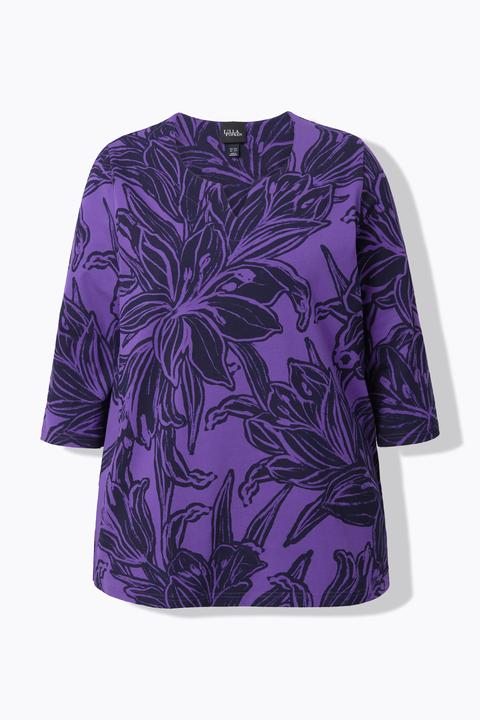Actual product image Ulla Popken Leaf Print 3/4 Sleeve Split Neck Tee (62)