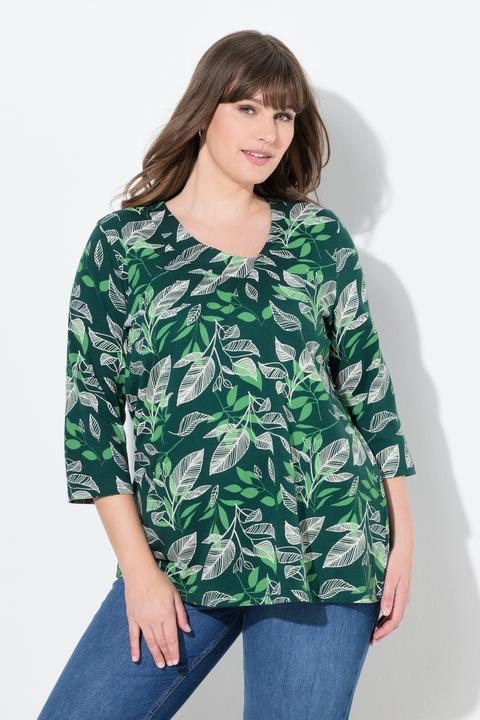 Image du produit Ulla Popken T-shirt en coton bio à col en V et manches 3/4, feuilles (54)