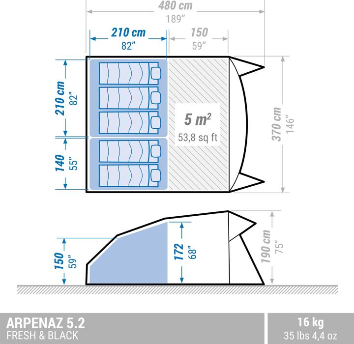 Actual product image Quechua Family tent with poles Fresh & Black - Arpenaz 5.2 for 5 people 2 cabins (Tunnel tent, 16.70 kg, 5 persons)