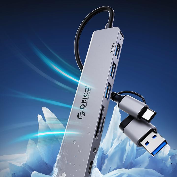 Produktbild Orico USB / USB-C Hub YSA7-U3, 1 x USB-A 3.0 - 4 x USB-A - 2 x USB-C (USB-A, 7 Ports)