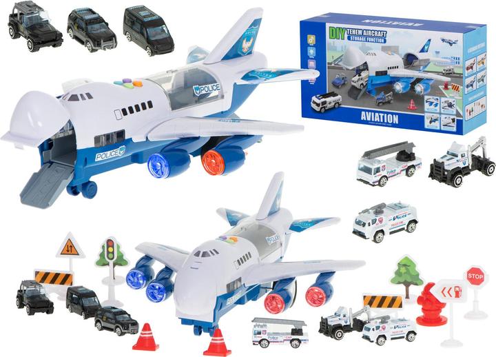 Productafbeelding Ikonka Transporter vliegtuig + 6 auto's politie zijkant/voorkant