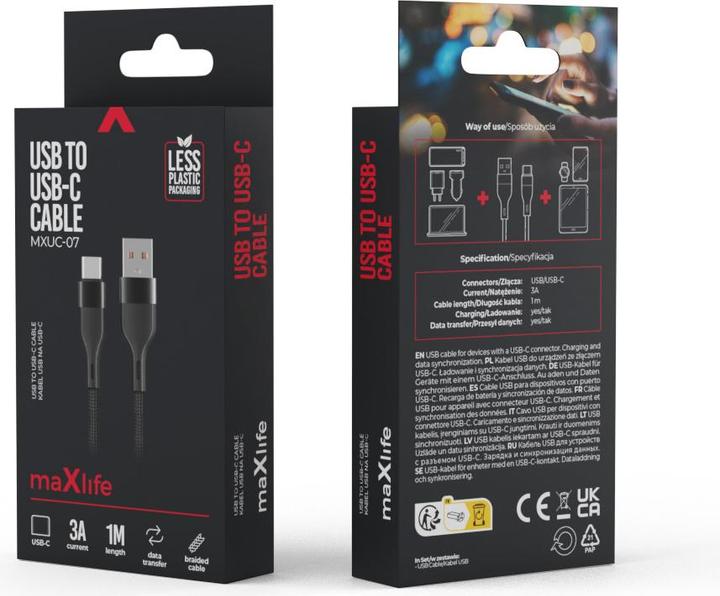 Actual product image Maxlife MXUC-07 cable USB - USB-C 1,0 m 3A black nylon (1 m, 15 W)
