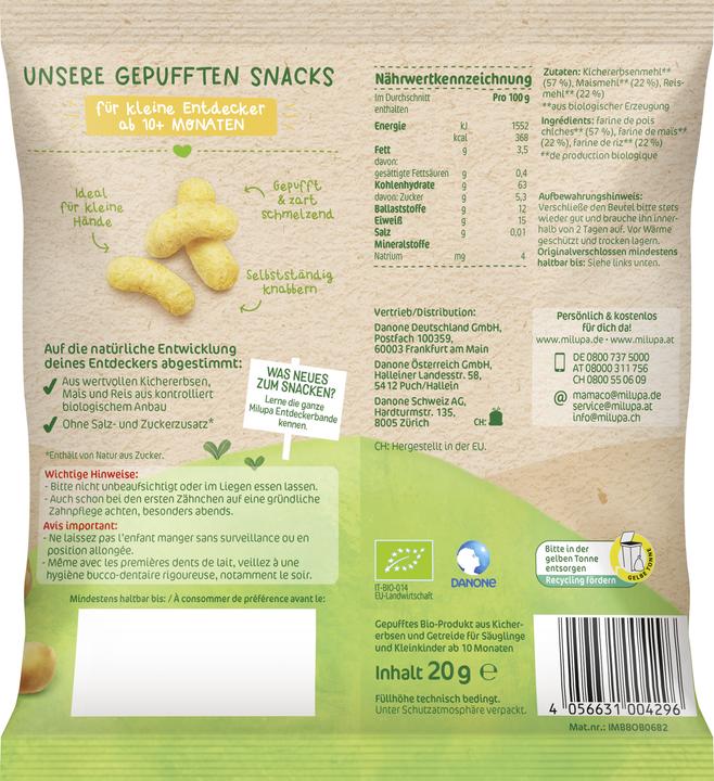 Valeurs nutritives et ingrédients Milupa Bâtons croustillants bio (20 g)