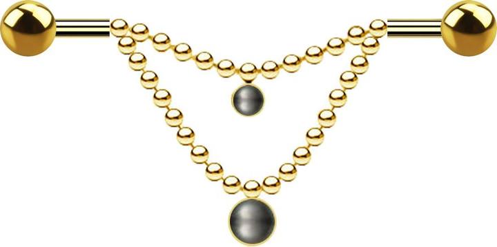 Image du produit Star Piercing Barbell plaqué or deux boules deux chaînes perle noire (sans laiton, Acier chirurgical 316L)