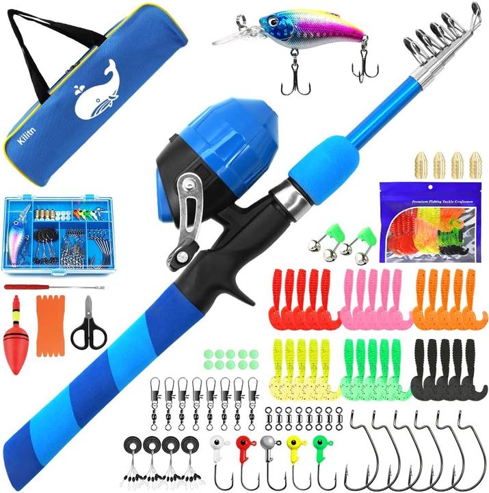 Immagine prodotto Kilitn Kinder-Angelset mit Teleskoprute (86-teilig) (Set da pesca, 130 cm)
