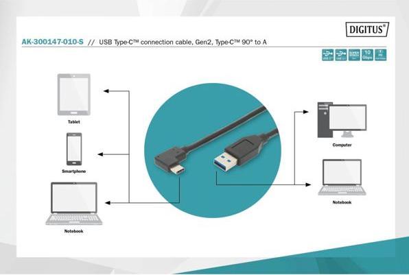 Actual product image Digitus USB Type-C™ connection cable, Gen2, Type-C™ 90° to A (1 m, USB 3.1)