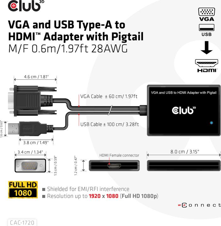 Produktbild Club 3D Club3D Adapter VGA + USB-A > HDMI St/Bu (HDMI, USB, VGA, 60 cm)
