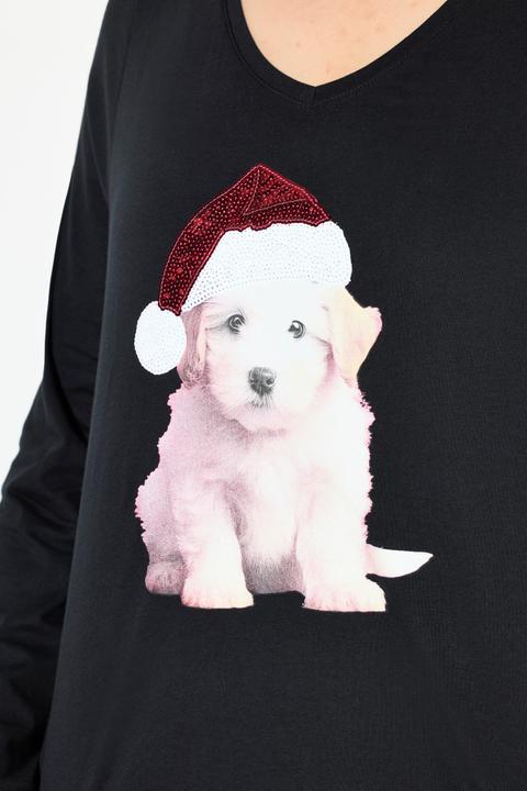 Produktbild Ulla Popken Weihnachtsshirt, Welpe, A-Linie, V-Ausschnitt, Langarm (56)
