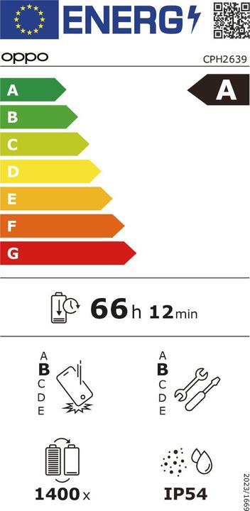 Label énergétique OPPO A80 (256 Go, Noir étoilé, 6.67", Double SIM, 5G)