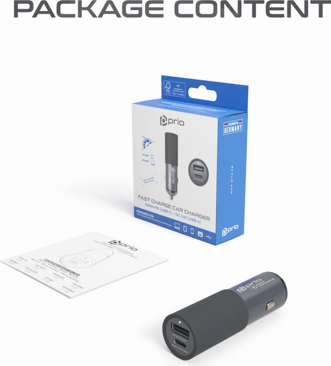 Actual product image prio Fast Charge Car Charger 100W PD (USB C) + 22.5W (USB A) black