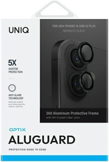 Produktbild Uniq Optix Aluminium Camera Lens Protector iPhone 16 6.1" / 16 Plus 6.7" midnight black szkło na obi (1 Stück, Apple iPhone 16)