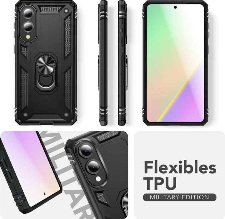Produktbild Nalia RingDefend - Schwarze Panzerhülle mit 360-Grad Finger-Halter & Ständer - Military Style Cover (Samsung Galaxy S25 Edge)
