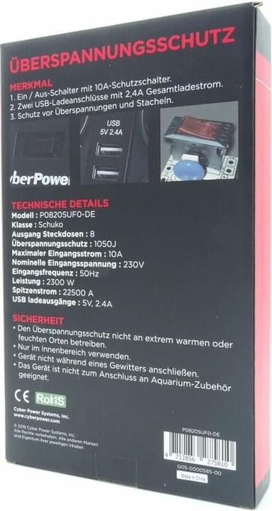 Produktbild Cyberpower Prof. 8xSchuko/2xUSB Überspannungsschutz (8 x, CEE 7/3, 1.80 m)