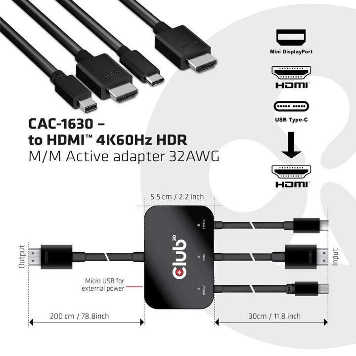Actual product image Club 3D Active Adapter Multiport to HDMI 4K60Hz (HDMI, Mini DP, USB-C, 8 cm)