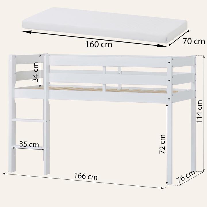 Actual product image Hoppekids ECO Comfort half high bed 70x160 cm with slats, White (70 x 160 cm)