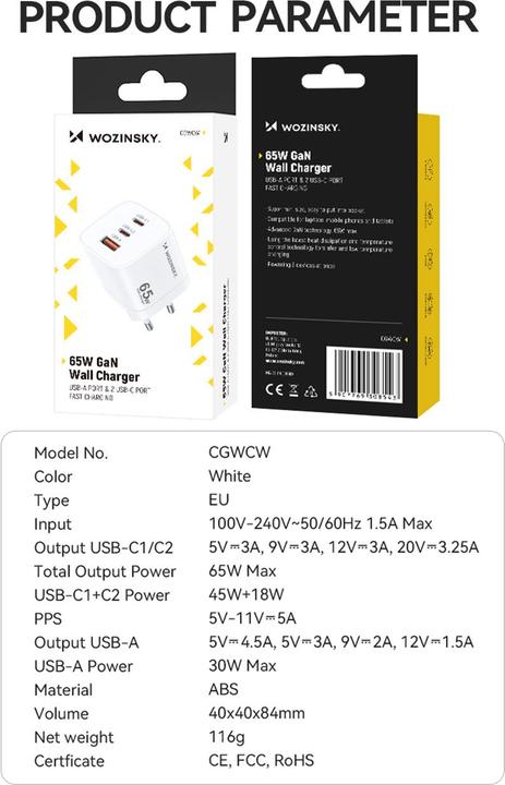 Actual product image Wozinsky CGWCW 65W USB-A / 2 x USB-C GaN wall charger - white (65 W)