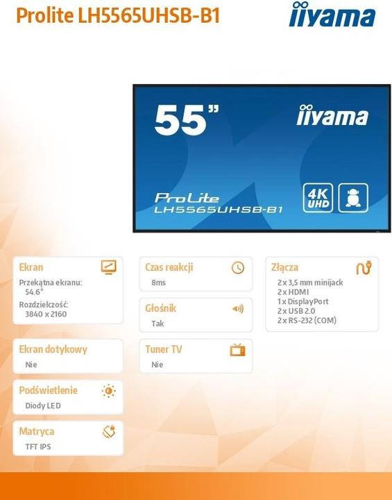 Image du produit iiyama 55" 3840x2160, Panneau UHD IPS, Teinte 1%, 8 (3840 x 2160 pixels, 54.60")