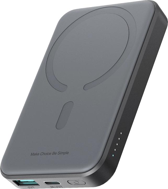 Actual product image Joyroom Powerbank JR-W020 Mini 5000mAh USB-A USB-C inductive 20W - black + USB-C / USB-C cable (5000 mAh, 20 W, 18.50 Wh)