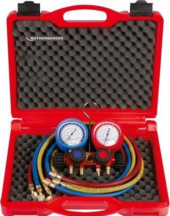Actual product image Rothenberger Analogue 4-way pressure gauge set, incl. hoses with ball valve for R410A and R32.