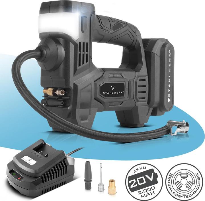 Produktbild Stahlwerk Akku Druckluftkompressor – 72 Watt Leistung und 2000 mAh Akku (10.30 Bar)