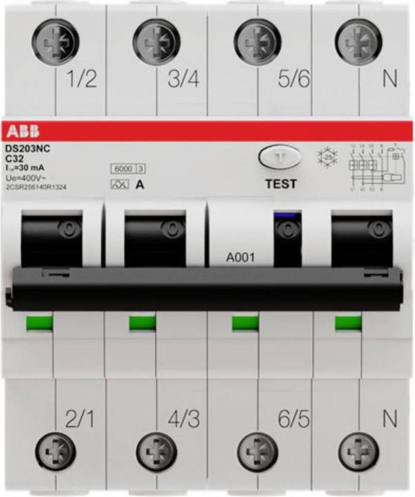 Produktbild ABB DS203NCA-C32/0,03 FI/LS-Schalter DS203NCA-C32/0,03 6kA, 3P+N, Typ A, C 32, 3