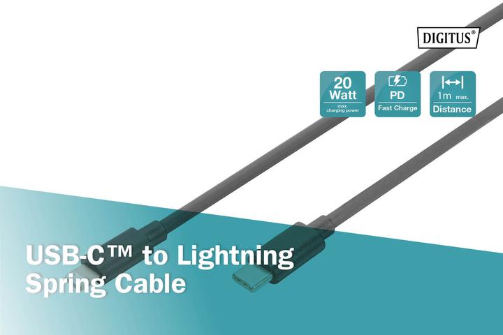 Produktbild Digitus USB 2.0 - USB - C auf Lightning Spiralkabel (1 m, USB 2.0, 60 W)