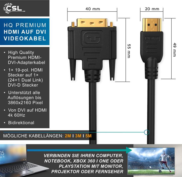 Produktbild CSL DVI zu HDMI Kabel - Dual Link 24 1 - HDTV Auflösungen bis 2560x1600 - OFC Kupferleiter (5 m, HDMI, DVI)