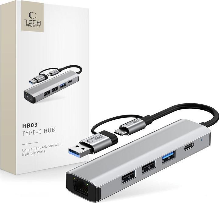Immagine prodotto Tech-Protect HB03 HUB Adapter 5in1 USB-C + USB2.0 + USB3.0 + RJ45 - gray (USB-A, USB-C, 5 porte)