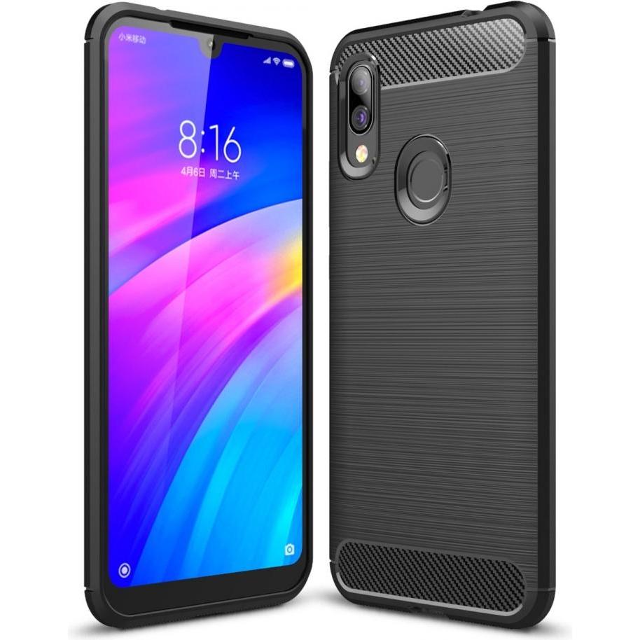 Screenguard Xiaomi Redmi 7 Hülle Carbon Brushed Soft TPU (Xiaomi Redmi 7), Smartphone Hülle, Schwarz