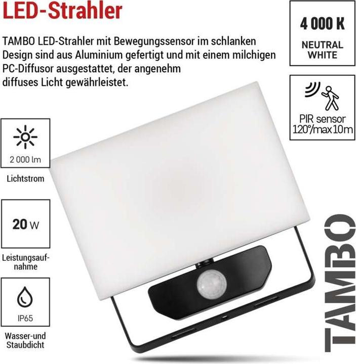 Produktbild Emos LED-Flutlicht TAMBO mit Bewegungssensor, 20 W, 2000 lm, schwarz (2000 lm, IP54)