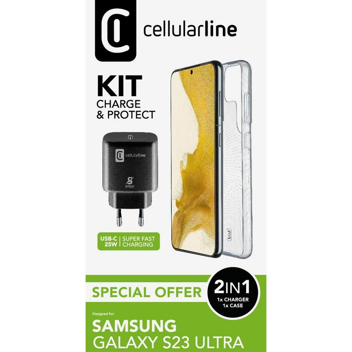 Cellularline Kit caricabatterie con custodia (25 W), Caricatore USB, Trasparente, Nero