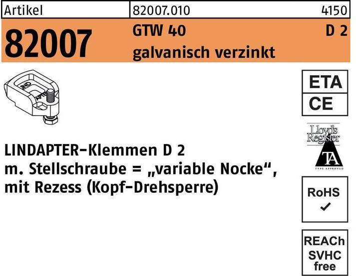 Produktbild Lindapter Klemmen R 82007 GTW 40 D2 M 16 / 13 - 20 galvanisch verzinkt