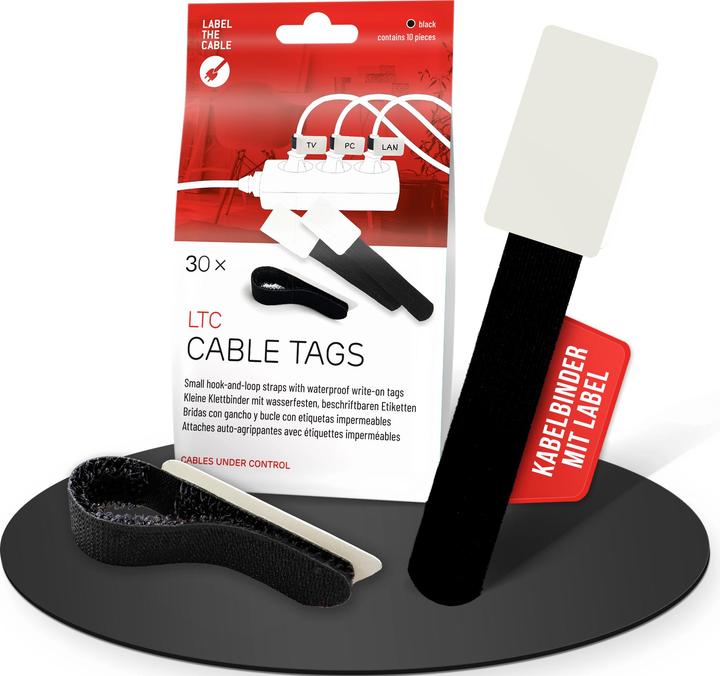 Label-the-cable LTC CABLE TAGS, Klett Kabelfahnen beschriftbar 30er Set schwarz (Klettkabelbinder, 30 Stk.)