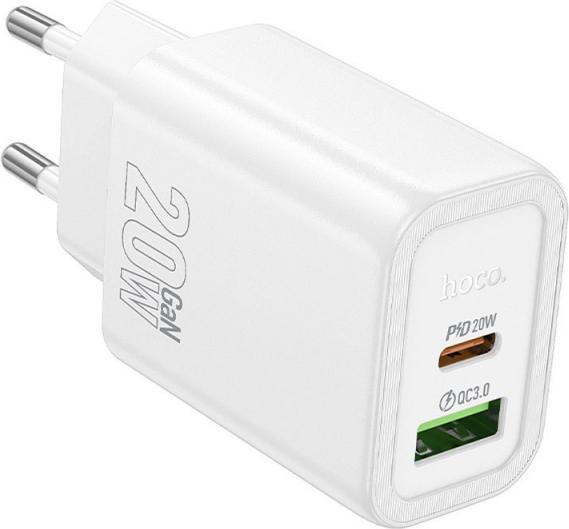 Hoco Adapter wall charger USB A + Type C PD QC3.0 3A 20W N61 white (20 W)