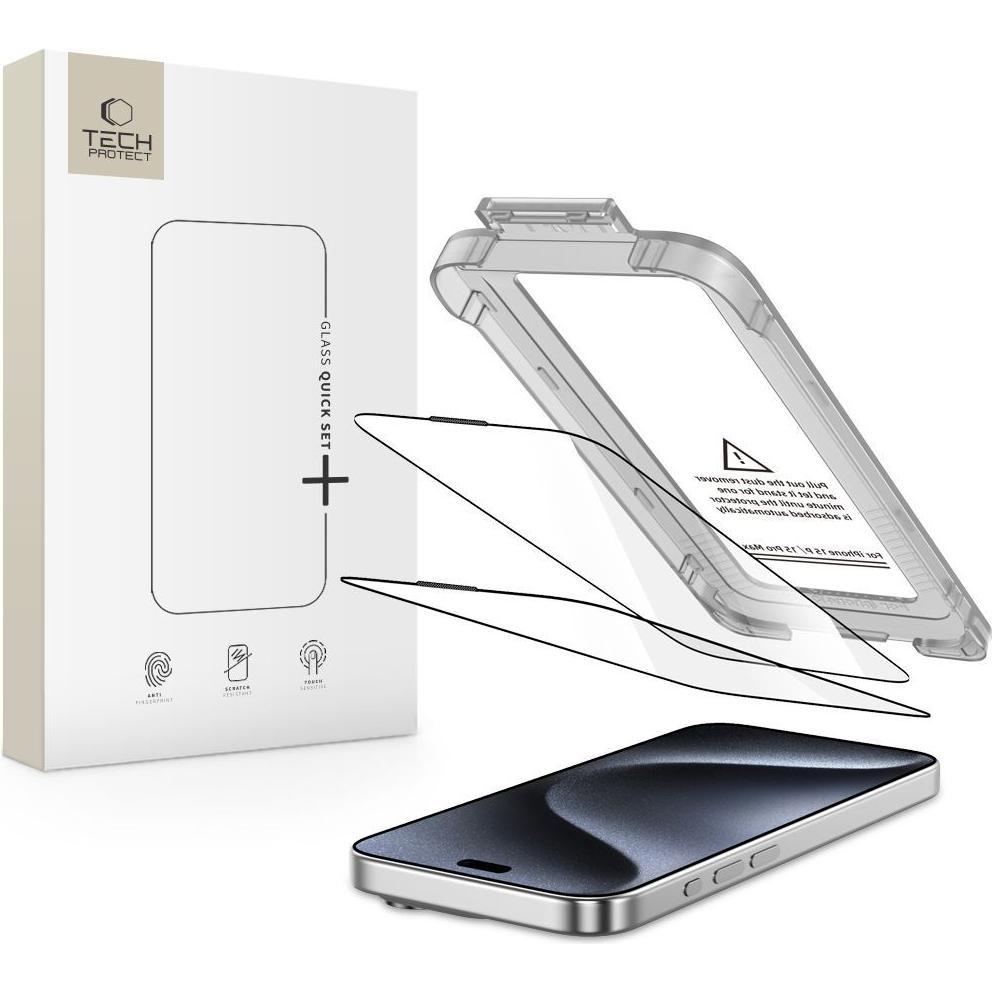 Tech-Protect Quick Set+ 2er-Pack Panzerglas für iPhone 15 Pro Max - Schwarz (2 Pezzo/i, Apple iPhone 15 Pro Max), Pellicola protettiva smartphone, Nero