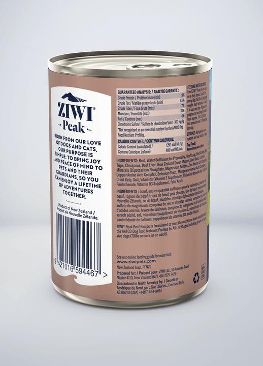 Valeurs nutritives et ingrédients Ziwi Peak Canned Dog Food beef 390g (Adulte, 1 pcs, 390 g)