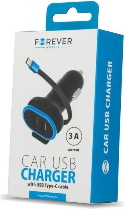 Image du produit Forever CC-02 chargeur de voiture 2x USB 3A noir avec câble USB-C 0,2 m