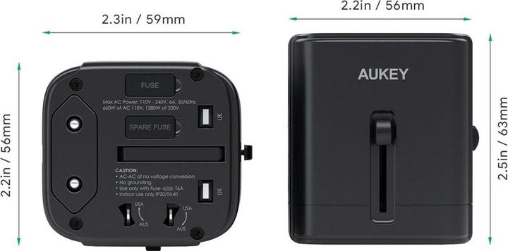 Actual product image Aukey PA-TA01 White Universal Travel Adapter with 1xUSB-C and 2x