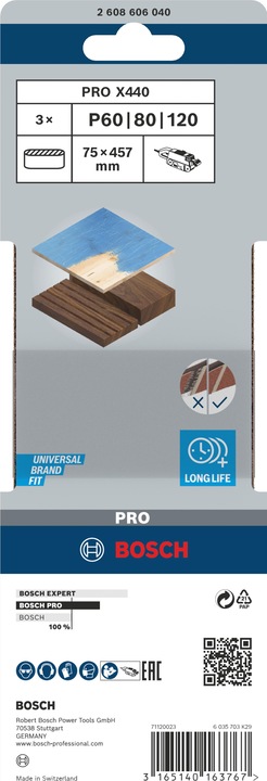 Produktbild Bosch Professional Zubehör PRO X440 Schleifband, 75 x 457 mm, G60, G80, G100, 3-tlg. (60, 80, 100)