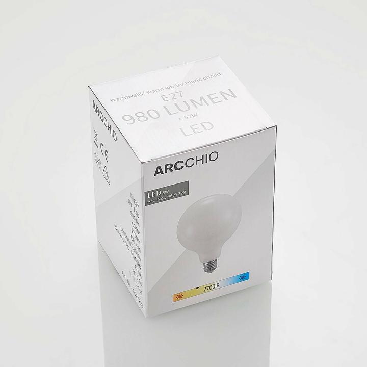 Actual product image Arcchio LED lamp E27 8W 2,700K G125 Globe, dimmable, opal (E27, 980 lm)