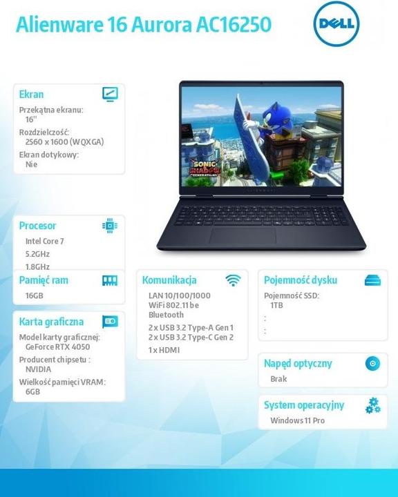 Actual product image Dell Alienware 16 Aurora AC16250 Win 11 Pro C7 Laptop (US)