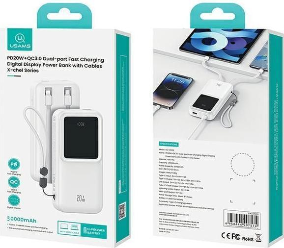 Actual product image Usams Powerbank z wbudowanymi kablami USB-C+Lightning 30000 mAh 20W PD+Qc 3.0 Fast Charge X-chel Ser (30000 mAh, 20 W, 111 Wh)