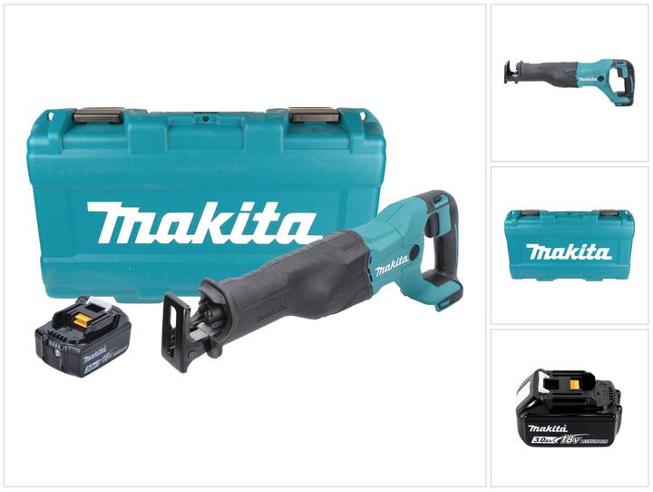 1x sega alternativa a batteria Makita DJR 186, 1x batteria Makita BL 1830 B 18 V 3.0 Ah, 1x valigetta di trasporto Makita, 2x lama Makita, senza caricabatterie