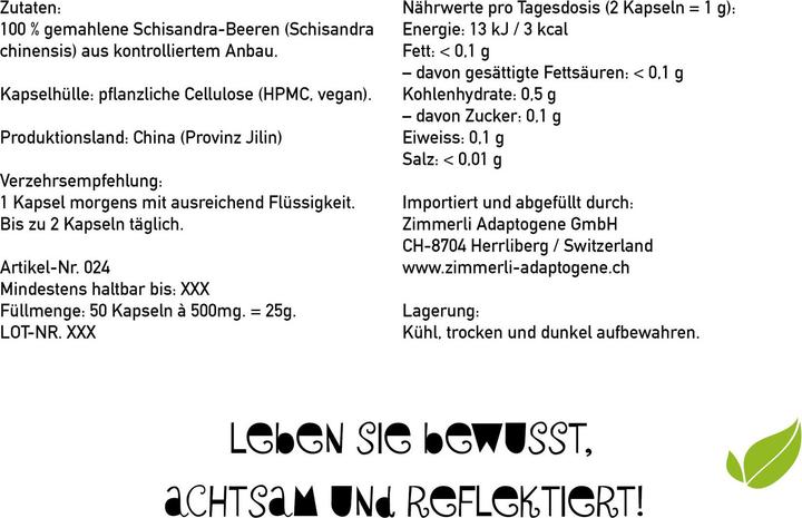 Nährwerte und Zutaten Zimmerli Adaptogene Schisandra Kapseln 50 Kapseln (1 Stück, Kapseln, 25 g)