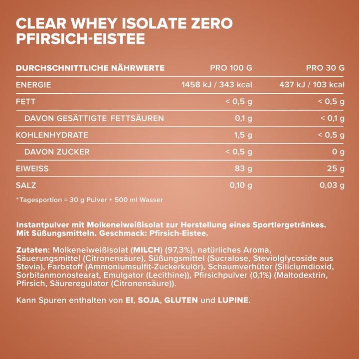 Nährwerte und Zutaten IronMaxx Clear Whey Isolate Zero (Peach Icetea, 1x)