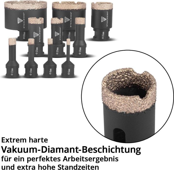 Actual product image Stahlwerk Diamond core bits set of 10 6-68 mm M14 for angle grinders (6, 8, 12, 16, 20, 25, 35, 55, 68 mm, 10 mm)
