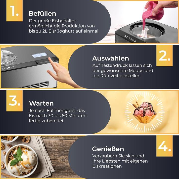 Produktbild KLAMER 2-in-1 Eismaschine & Joghurtbereiter 2 L, 180 W