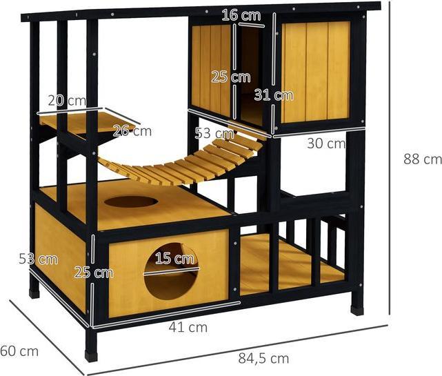 Produktbild Swisshandel24 Katzenhaus Holz, mit Hängebrücke, für 1-2 Katzen bis 5kg, Gelb (Katze)