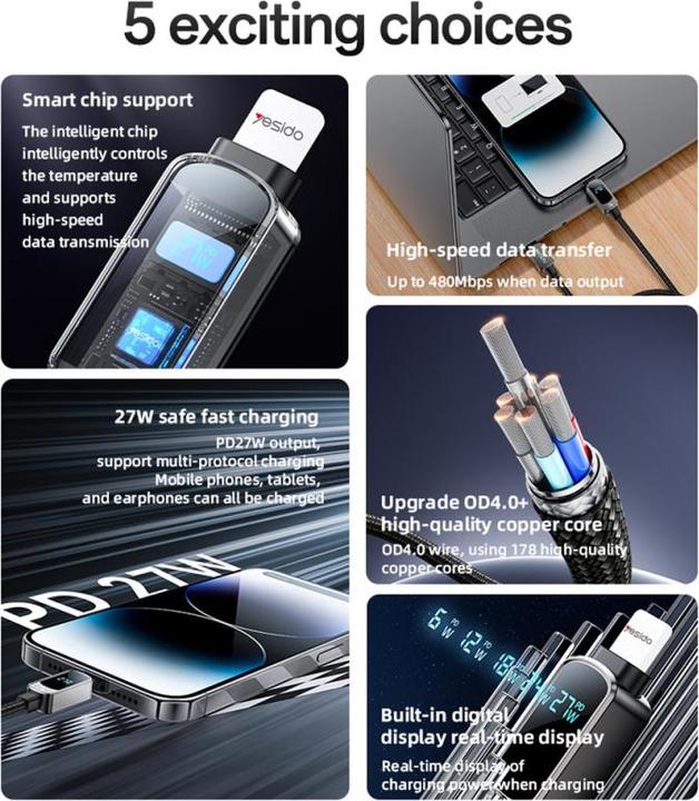 Produktbild Yesido USB-C to USB-C Cable CA180, 27W, 2.4A, 1.2m, Black (1.20 m, 27 W)