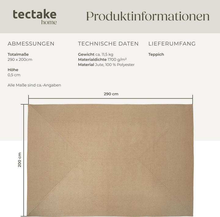 Image du produit tectake Tapis tressé Vibe en jute, style boho (290 x 200 x 0,5 cm)